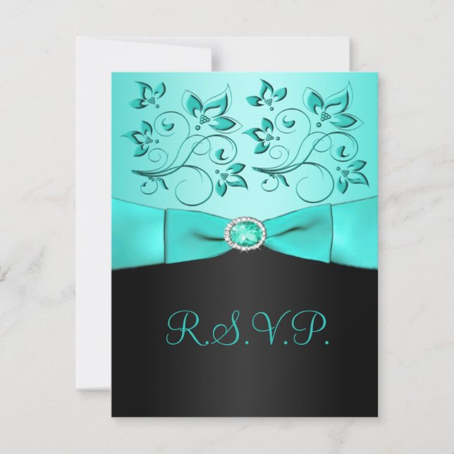 PRINTED RIBBON Aqua, Black Floral RSVP Card (Front)