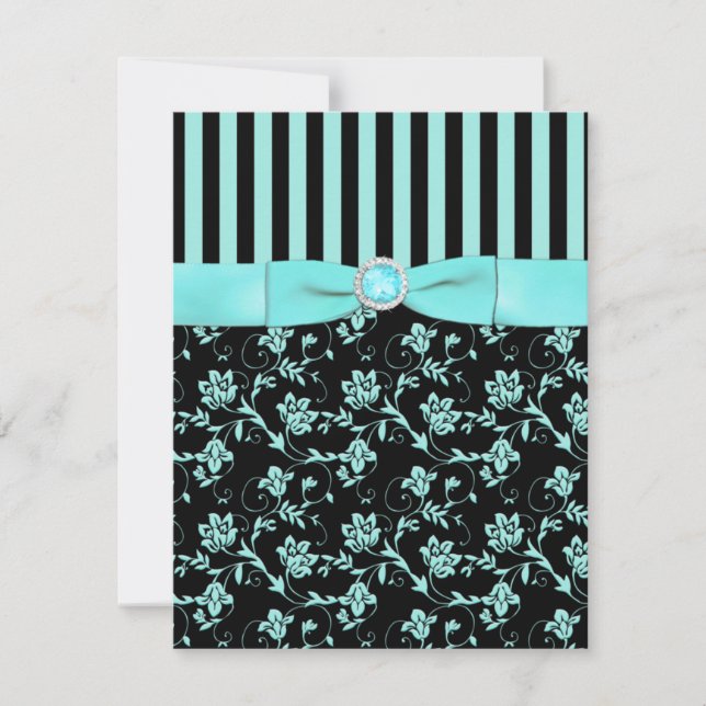 PRINTED RIBBON Aqua Blue, Black Striped RSVP Card (Front)