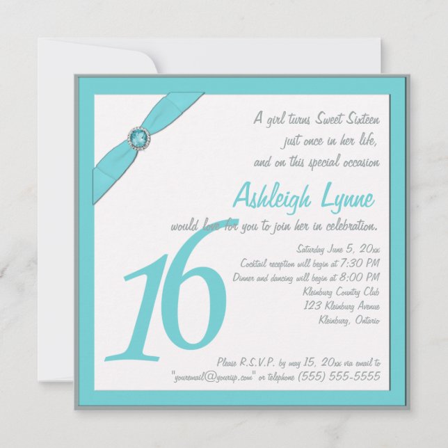 PRINTED RIBBON Aqua, Gray Sweet 16 Invite (Front)