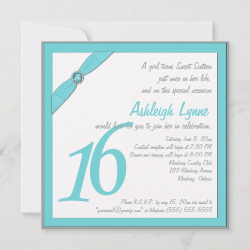 PRINTED RIBBON Aqua, Gray Sweet 16 Invite