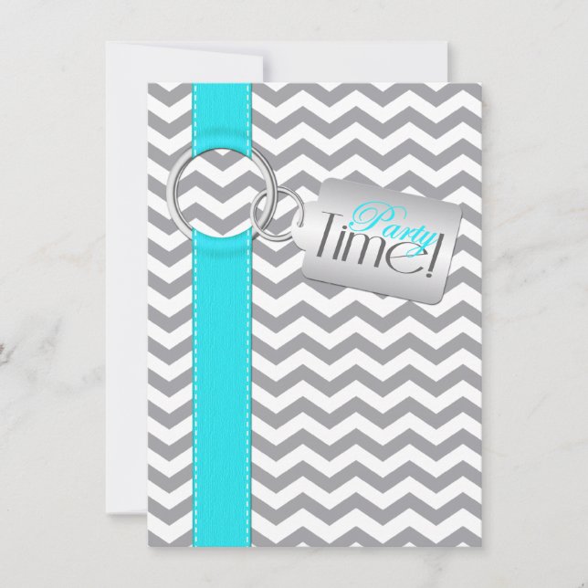 PRINTED RIBBON Aqua Gray White 21st Birthday Party Invitation (Front)