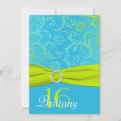 PRINTED RIBBON Aqua, Lime Sweet 16 Invite