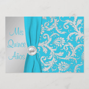 PRINTED RIBBON Aqua, Silver Photo Quinceanera Invitation
