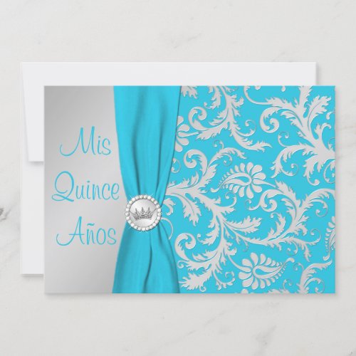 PRINTED RIBBON Aqua, Silver Photo Quinceanera Personalized Invitation