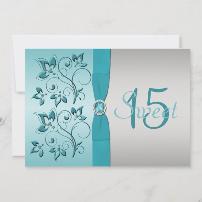 PRINTED RIBBON Aqua, Silver Quinceanera Invite (Front)