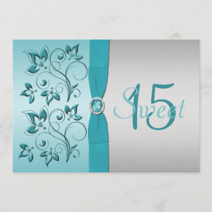 PRINTED RIBBON Aqua, Silver Quinceanera Invite