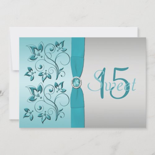 PRINTED RIBBON Aqua Silver Quinceanera Invite