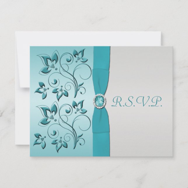 PRINTED RIBBON Aqua, Silver Quinceanera RSVP Card (Front)