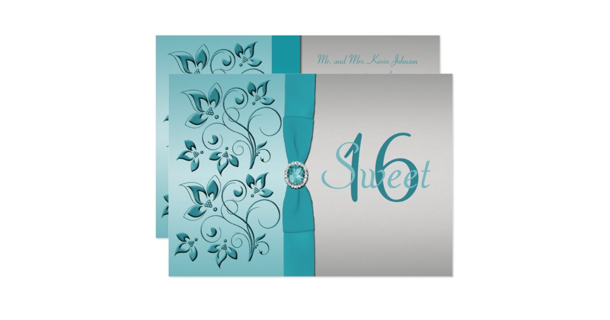 Printed Ribbon Aqua Silver Sweet 16 Party Invite Zazzle