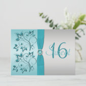 PRINTED RIBBON Aqua, Silver Sweet 16 Party Invite (Standing Front)