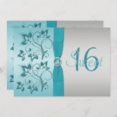 PRINTED RIBBON Aqua, Silver Sweet 16 Party Invite (Front/Back)