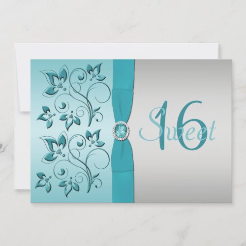 PRINTED RIBBON Aqua, Silver Sweet 16 Party Invite