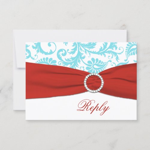 PRINTED RIBBON Aqua, White, Red Damask RSVP Card