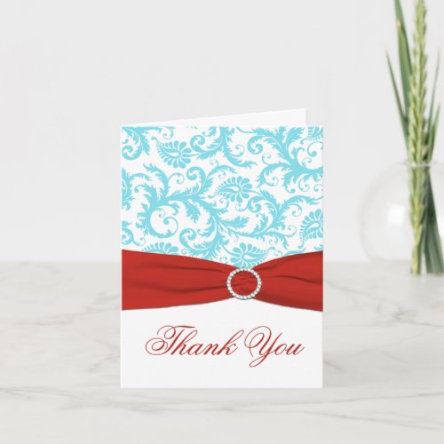 PRINTED RIBBON Aqua White Red Damask Thank You