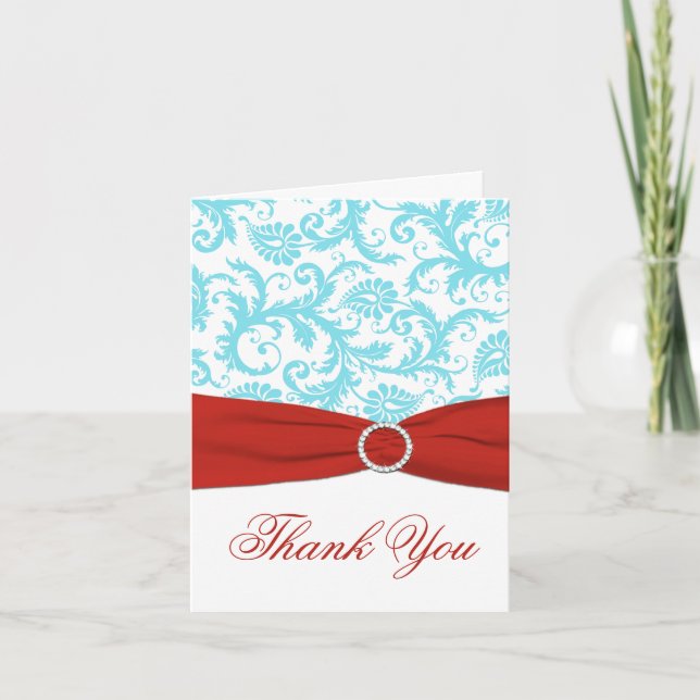 PRINTED RIBBON Aqua White Red Damask Thank You Card (Front)