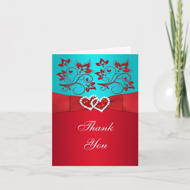 PRINTED RIBBON Aqua White Red Floral Thank You Card (Front)