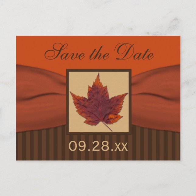 PRINTED RIBBON Autumn Leaf Save the Date Postcard (Front)