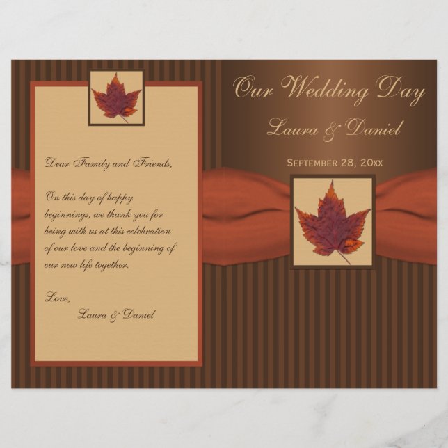 PRINTED RIBBON Autumn Leaf, Stripe Wedding Program (Front)