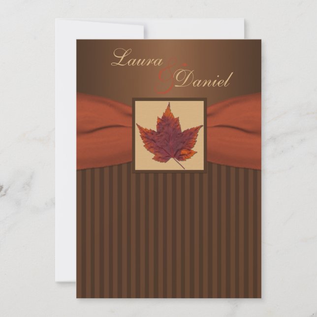 PRINTED RIBBON Autumn Leaf Stripes Wedding Invite (Front)