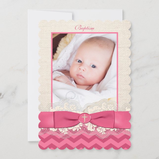 PRINTED RIBBON Baptism Photo Invite - Pink Chevron (Front)