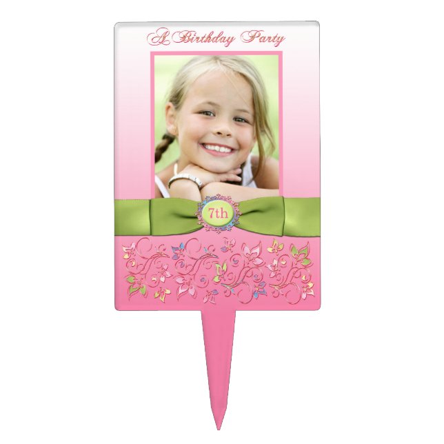 PRINTED RIBBON Birthday Cake Pick with Photo (Front)