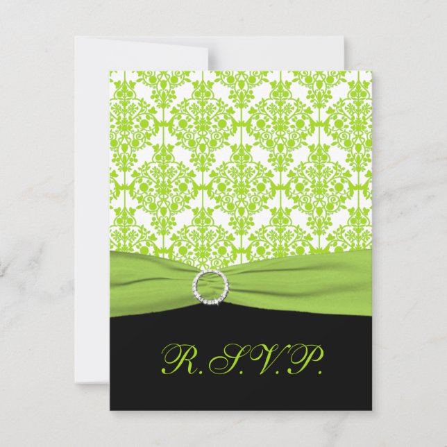 PRINTED RIBBON Black, Green Damask Reply Card (Front)