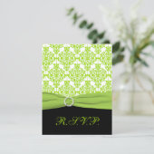 PRINTED RIBBON Black, Green Damask Reply Card (Standing Front)