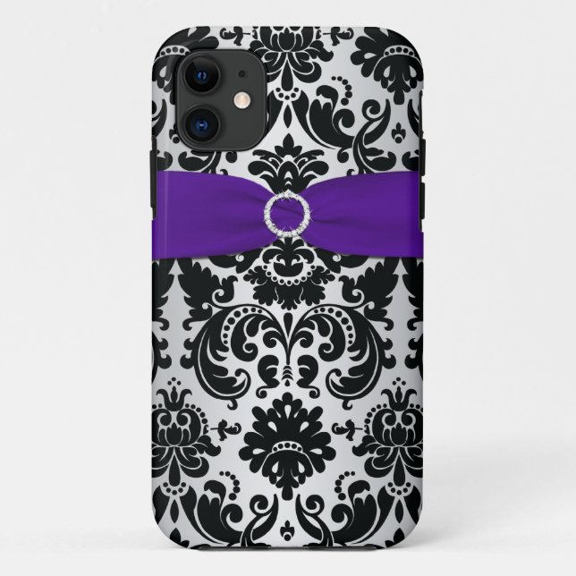 PRINTED RIBBON Black Purple Silver Damask iPhone 5 Case-Mate iPhone Case (Back)