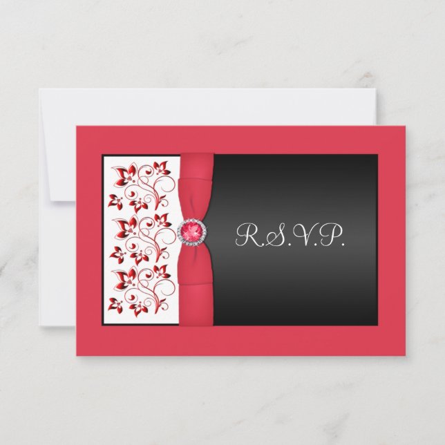 PRINTED RIBBON Black, Red, White Floral Reply Card (Front)