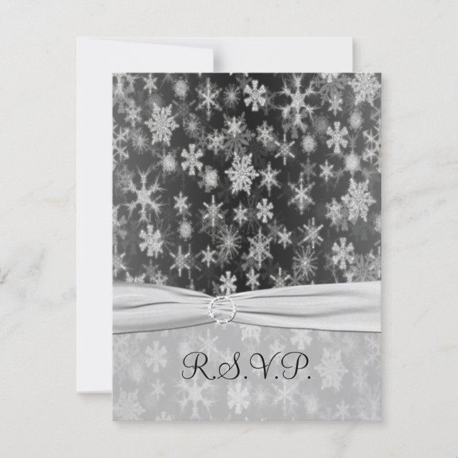 PRINTED RIBBON Black, Silver Snowflakes Reply Card (Front)