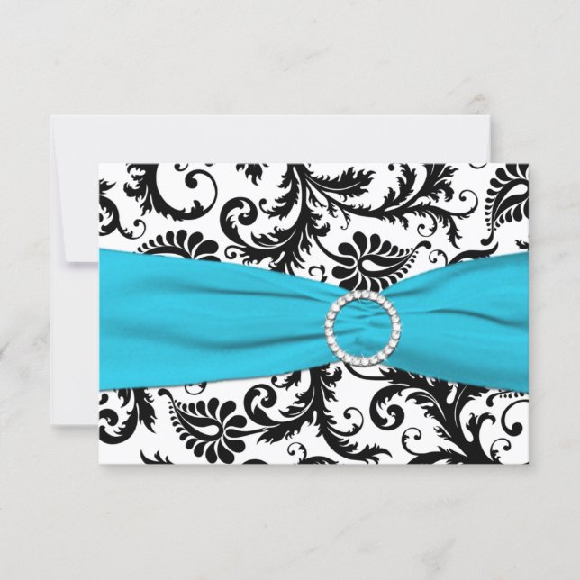 PRINTED RIBBON Black White Blue Damask Reply Card (Front)