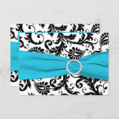 PRINTED RIBBON Black White Blue Damask Reply Card (Front/Back)