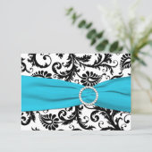PRINTED RIBBON Black White Blue Damask Reply Card (Standing Front)