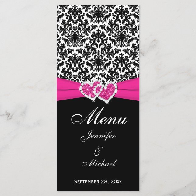 PRINTED RIBBON Black White Pink Wedding Menu Card (Front)