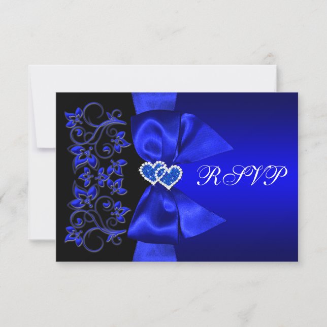 PRINTED RIBBON Blue, Black Floral Wedding RSVP (Front)