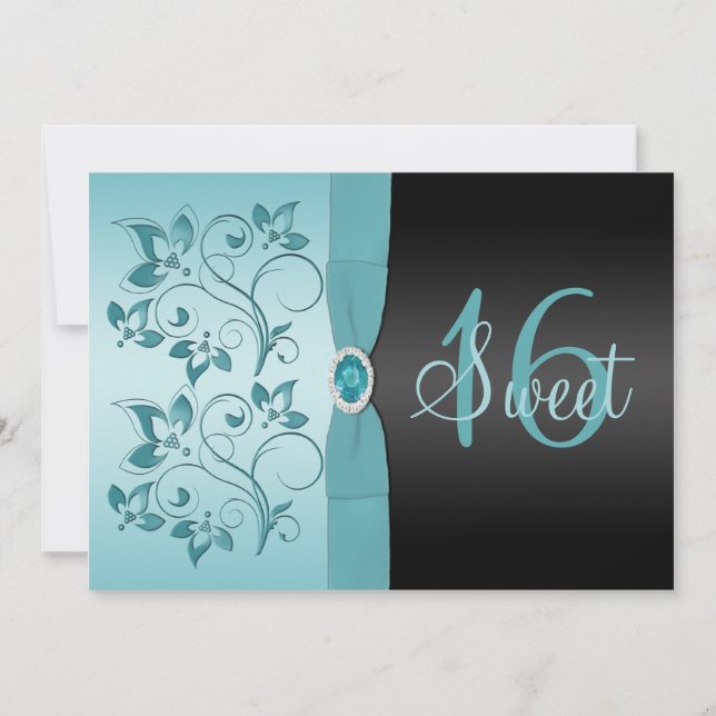 PRINTED RIBBON Blue, Black Sweet 16 invite (Front)