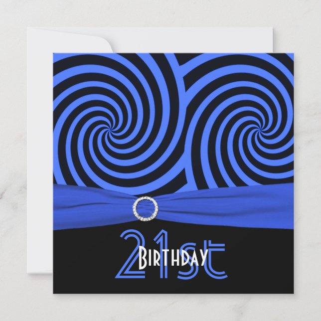 PRINTED RIBBON Blue, Black Swirls 21st Birthday Invitation (Front)