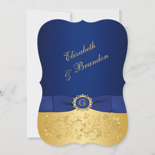 PRINTED RIBBON Blue, Gold Floral Wedding Invite (Front)