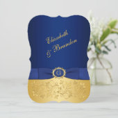 PRINTED RIBBON Blue, Gold Floral Wedding Invite (Standing Front)