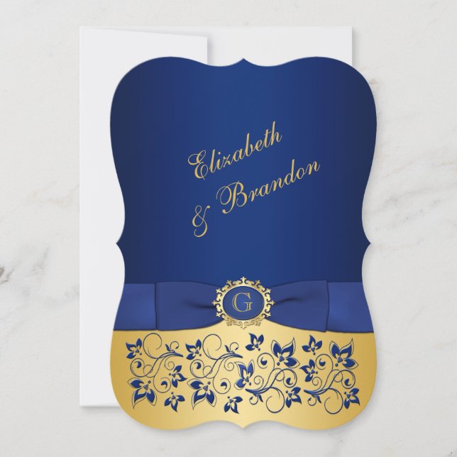 PRINTED RIBBON Blue, Gold Floral Wedding Invite 2 (Front)