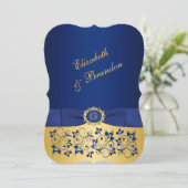 PRINTED RIBBON Blue, Gold Floral Wedding Invite 2 (Standing Front)