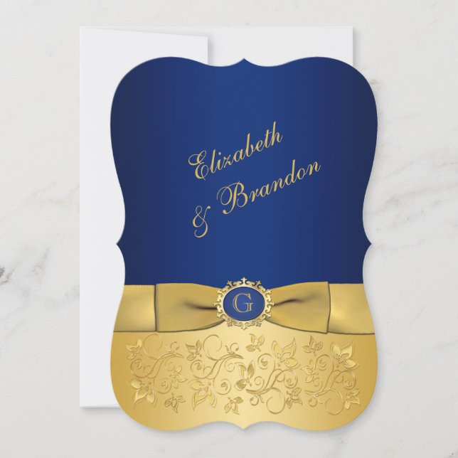 PRINTED RIBBON Blue, Gold Floral Wedding Invite 4 (Front)