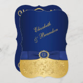 PRINTED RIBBON Blue, Gold Floral Wedding Invite 5 (Front/Back)
