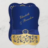 PRINTED RIBBON Blue, Gold Floral Wedding Invite 6 (Front/Back)