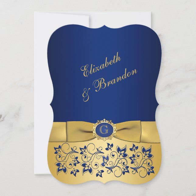PRINTED RIBBON Blue, Gold Floral Wedding Invite 7 (Front)