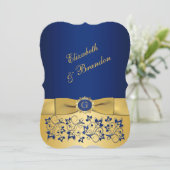 PRINTED RIBBON Blue, Gold Floral Wedding Invite 7 (Standing Front)