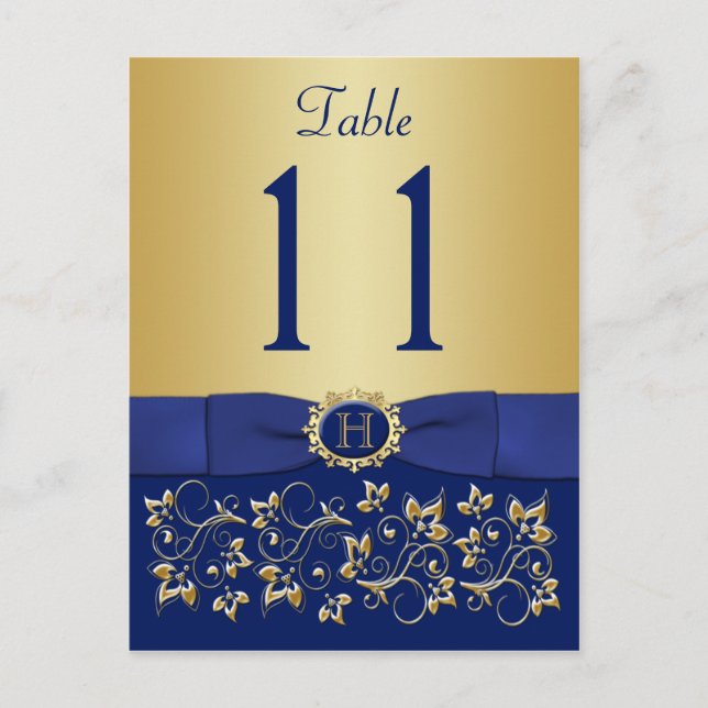 PRINTED RIBBON Blue Gold Table Number Postcard (Front)