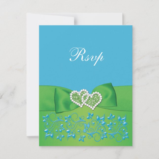 PRINTED RIBBON Blue Green Floral Hearts Reply Card (Front)