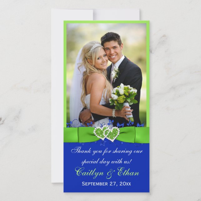 PRINTED RIBBON Blue, Green Wedding Photo Card (Front)