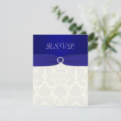PRINTED RIBBON Blue, Ivory Damask Reply card (Standing Front)